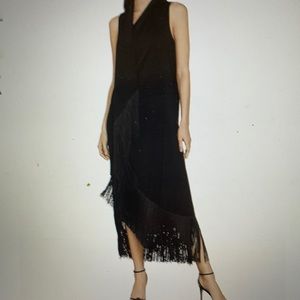 NWT BCBGMAXARIA “Fringe-Trimmed Asymmetrical Maxi Dress”, Size L, Black